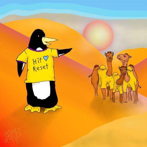 Hit Reset! By Doodleslice with penguin and camels